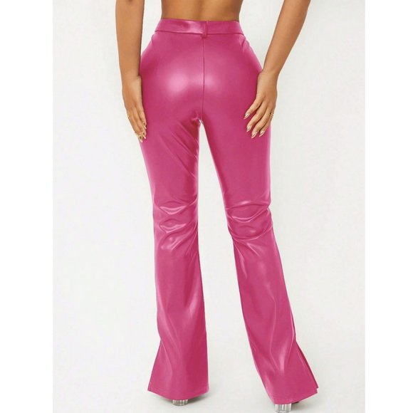 BarbieCore Split Hem PU Leather Flare Leg Pants Pink - Picture 4 of 5